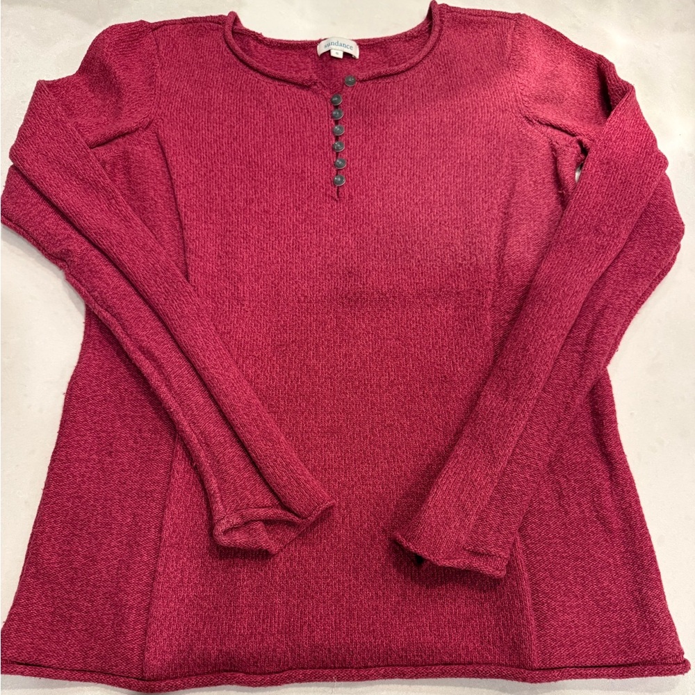 Sundance Button Henley Long Sleeve knit sweater Top - Deep Berry
